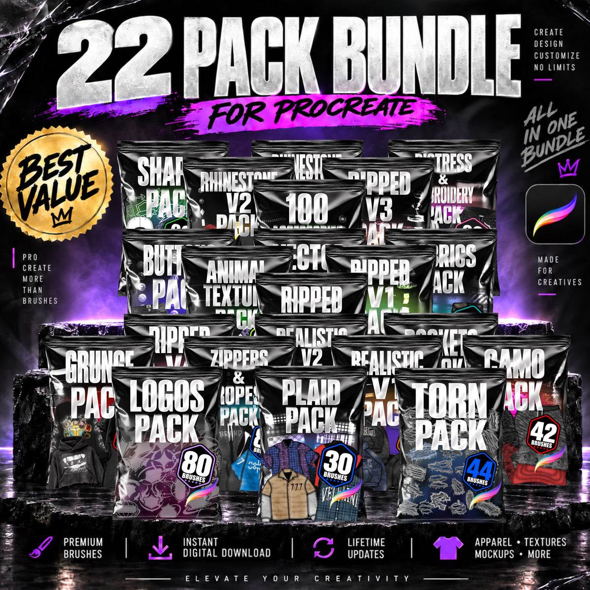 *ALL 22 PROCREATE BRUSH PACKS BUNDLE*